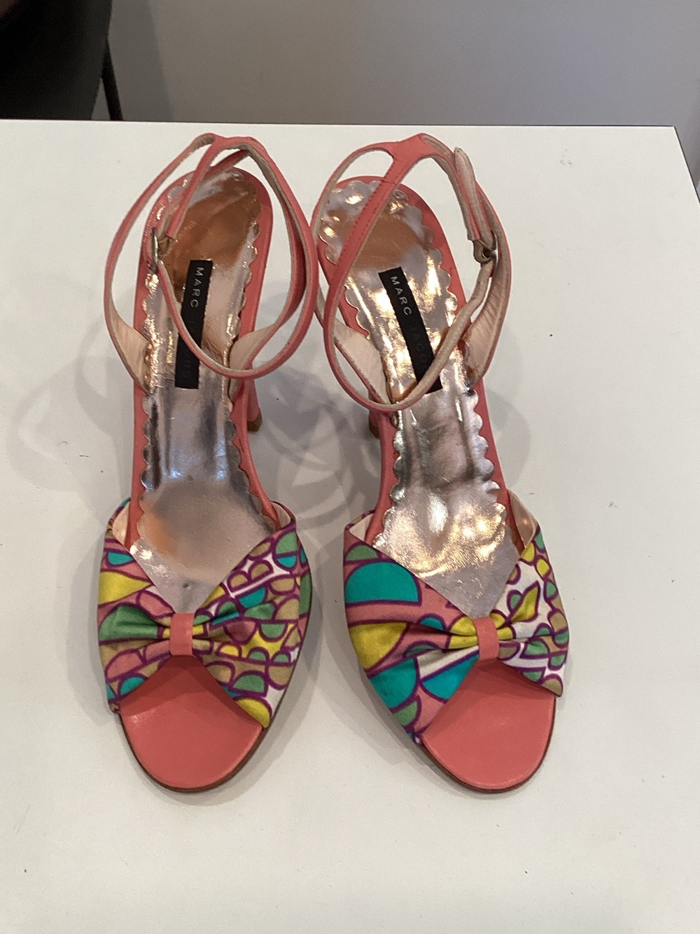 Marc Jacobs Coral Ankle-Strap Heels with Multicolor Bow